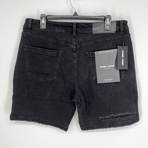 Homme + Femme NEW Distressed Flames Logo Jean Shorts Mens Sz 36 Black Stretch - Picture 5 of 10